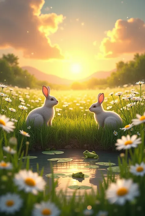 A big beautiful daisy meadow with white daisies and yellow daisies, there are bunnies in the meadow, in the meadow is a pond, there are green frogs in the pond, there are lily pads in the pond, there are sprites flying around, the sky is a beautiful sunset...