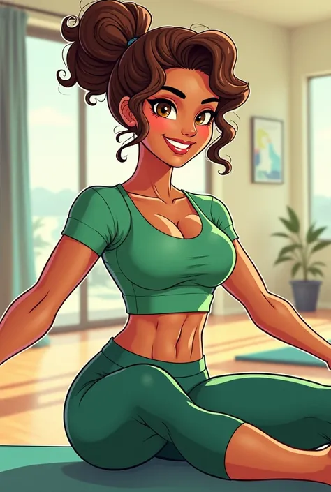 Colorful comic book style drawing of a brunette woman, brown eyes with curly hair tied in a bun, uses shades of golden blonde, adding lighter highlights to create texture and depth in the curls. doing pilates. athletic body with defined muscles, especially...