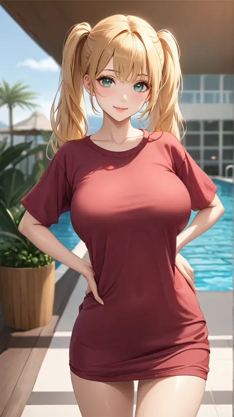 perfect anatomy, super detailed skin, masterpiece、 best quality、masterpiece,  high definition , 8K quality,  perfect face,  a girl、24 years old、Big Breasts、 beautiful eyes、blonde hair,  green eyes、twintails、 tight waist、 Anime Style 、 very cute face、 natur...