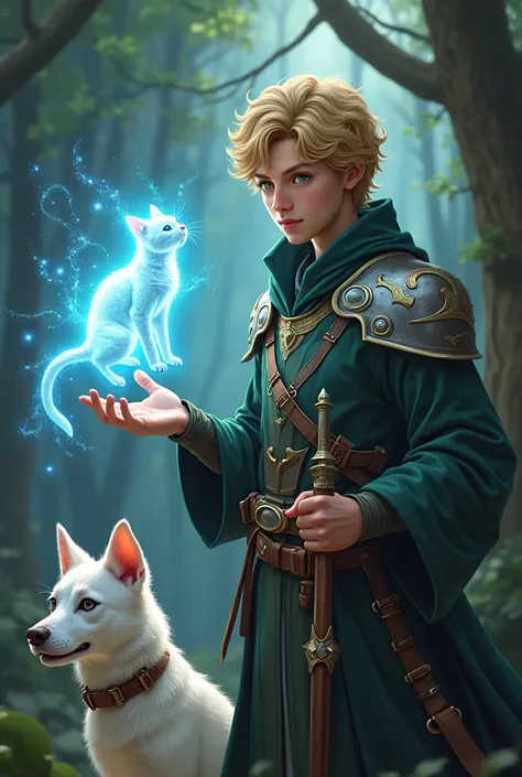  Create a fantasy fanart-style illustration in 4K .  The scene features a young wizard of D &D aged 15 .  He has blond hair ,  green eyes and is holding a magic wand ,  while conjuring the illusion of an ethereal cat that seems to float before him . by you...