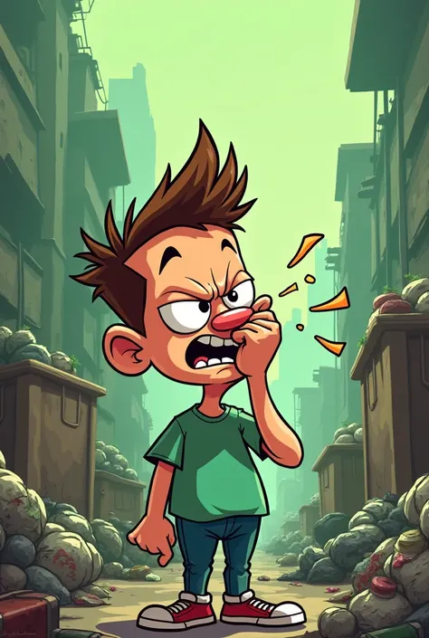 Hold your nose because of the smell, bad Stinks funny Cartoon with a green garbage environment behind 