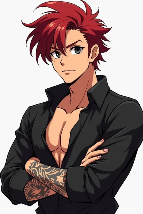  A 25-year-old man , With dark and bright red hair, Who wears it disheveled, He has dark gray eyes , slightly tanned skin color ,  He has tattoos on his arms .  He wears a black shirt unbuttoned on the first buttons and has his arms crossed. Animated versi...