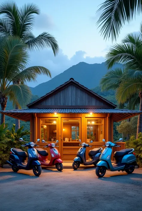 Une image qui illustrera la création d’une nouvelle société de location de scooter à Raiatea Uturoa pk 3,3 côté montagne au nom de O’HEI RFP LOCATION 
On l’on pourra voir 1 local préfabriqué de 3X3 m et 1 container 2X4X2 m en face à face. Et 4 scooters 
Pe...