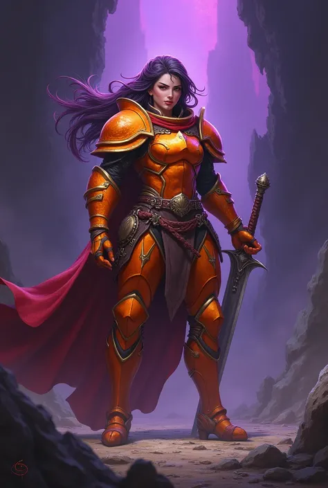  A digital artwork of a fantasy warrior in orange armor,  spitting game out of her mouth ,  holding a sword , standing on , a dark purple background a general plan where you can see the environment 