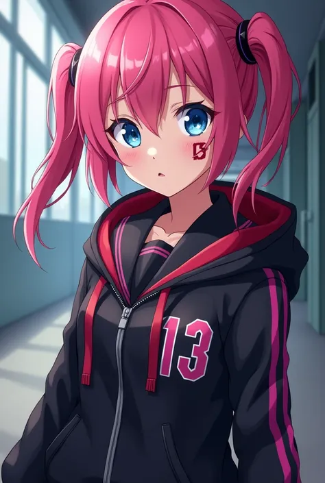 Young student villain anime style Boku no hero,  pink hair,  blue eyes ,  tattoo of the number 13 under her right eye, dressed in a black school uniform under a black and pink hoodie 