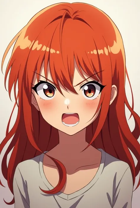 Cute anime girl, long red hair, angry