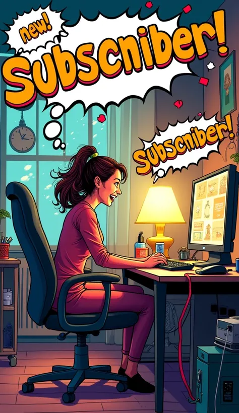 Comic book art scene of a woman at home on computer surrounded by colorful “NEW SUBSCRIBER!” bubbles