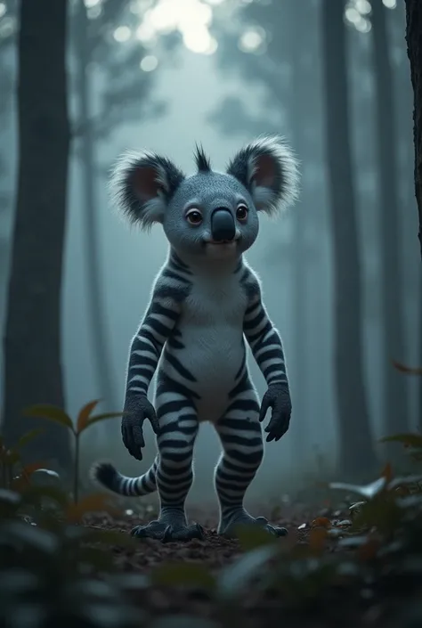 A hybrid monster of Koala and Zebra, standing in a dense, misty forest at twilight, the creature’s body combines the koala’s small, rounded form with the zebra’s tall, slender build, its fur is a striking combination of soft gray and white patches of zebra...