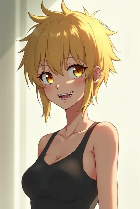 Slender anime girl with short spiky blond hair and notable large breasts. She has yellow eyes framed by long eyelashes and her teeth are noticeably sharp and angular.