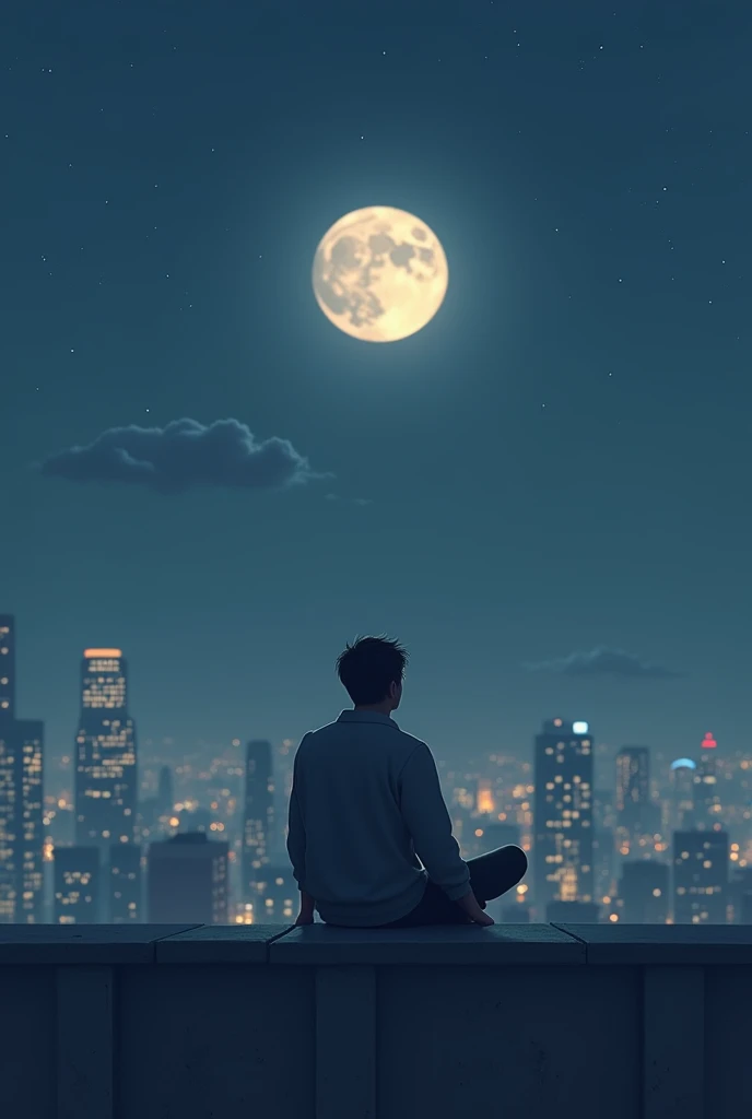 A man sitting on a building looking on the moon 