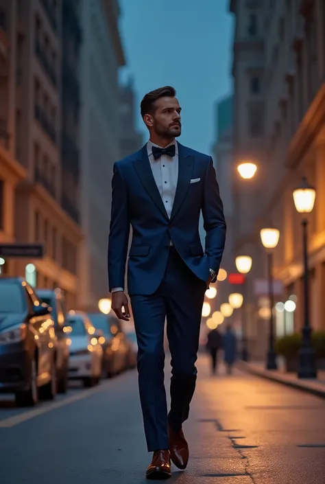 man in a nice blue tux, walking down the street at night, photo realistic, soft lighting, 