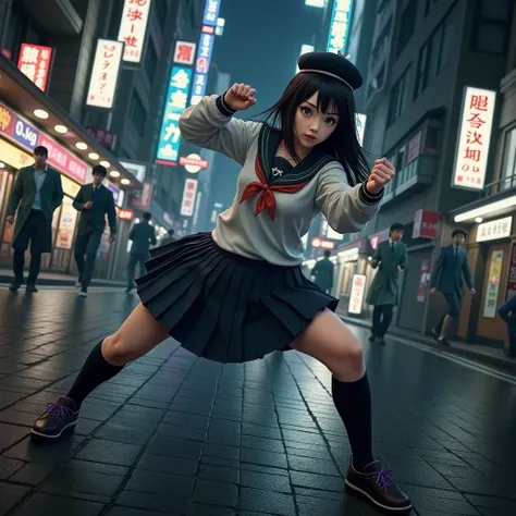 A young cute Japanese woman in a sailor uniform fighting multiple men in the street, beautiful detailed eyes, beautiful detailed lips, extremely detailed eyes and face, long eyelashes, detailed martial arts moves, dynamic poses, cinematic lighting, vibrant...