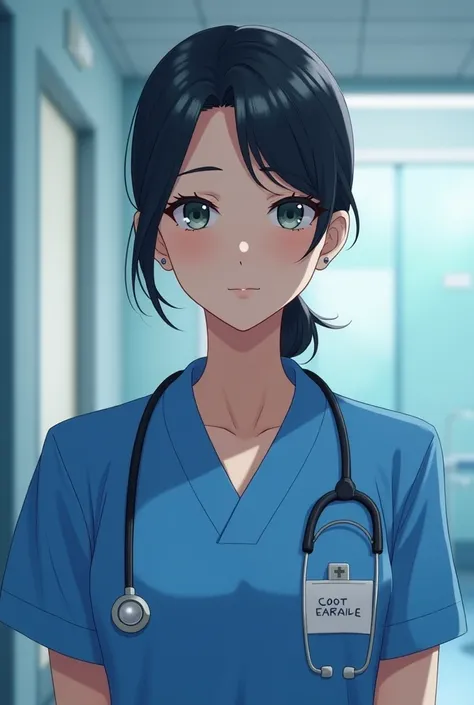 Black-haired nurse in blue uniform with black hair in a low bun