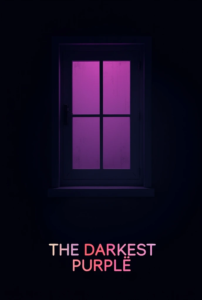  as the main element create a minimalist poster for the movie called "THE DARKEST PURPLE ",  use as the main element only A WOODEN WINDOW WITHOUT GLASS, ILLUMINATED BY AN INTENSE PURPLE COLOR BETWEEN ITS CRACKS . the background is black,  USE ONLY BLACK , ...