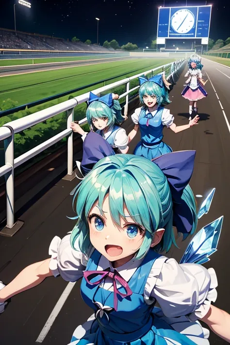 cirno(touhou) A herd of Cirnos are playing with thoroughbreds at the racetrack at night.