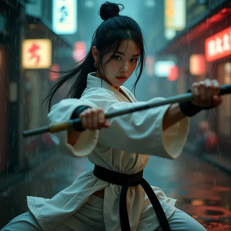 a young japanese woman fighting in the street, dynamic action pose, detailed facial features, beautiful detailed eyes, beautiful detailed lips, extremely detailed eyes and face, long eyelashes, detailed muscular body, martial arts uniform, dynamic motion b...