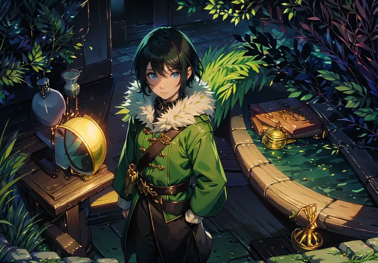 yuichiro hyakuya girl, (WithoutFear:1), 1 girl, black hair, green eyes, brown coat, gray armor, elves, sylvan, green shield, green cloak, dark brown gloves, forest, white fur trim, anime, standing, good quality, portrait, looking at viewer