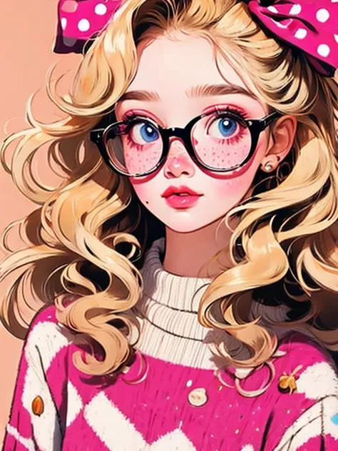 (masterpiece, highest quality:1.2), Beautiful girl，Soft hair straight hair，Big ribbon，stripey pink and beige dot sweater，Small freckles, blonde hair, soft pink lips, thin round glasses