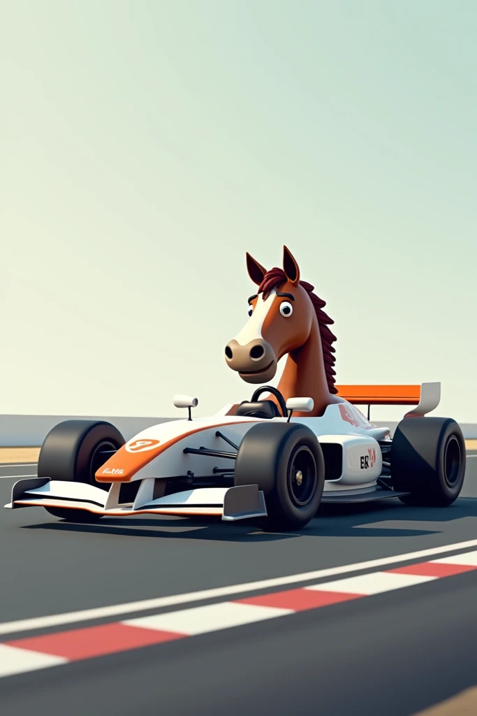 A white Honda EK race car with an orange tail driven by a cartoon horse