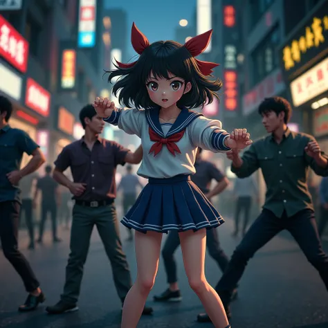 A young cute Japanese woman in a sailor uniform fighting multiple men in the street, beautiful detailed eyes, beautiful detailed lips, extremely detailed eyes and face, long eyelashes, detailed martial arts moves, dynamic poses, cinematic lighting, vibrant...