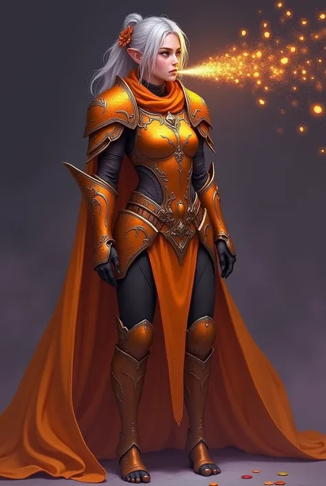  A fantasy digital artwork of a warrior who is very faithful and looks fragile in orange armor,  spitting game out of her mouth ,  holding a sword , standing on , a dark purple background a general plan that shows the environment good quality image 