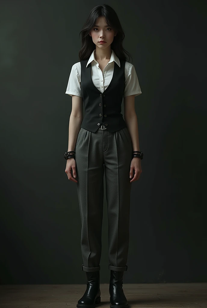 Gothic brunette, white polo, chaleco formal negro, gray pants, cinturon negro, black boots, hands tied