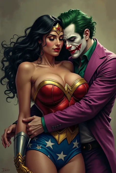 Wonder Woman being napped by the Joker .  wonder woman with big breasts.  the Joker is hugging her waist and carrying her. wonder woman dormida, fainted.