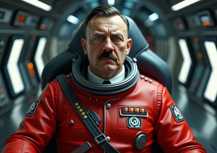  High resolution, Hitler-like astronaut in a red suit inside a space station,  With a worried face 