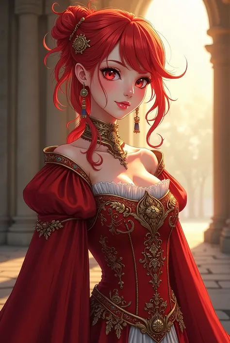  Create a tall woman with red hair  , far away,   with a different and funny hairstyle  ,  beautiful red eyes,   white skin dressed in medieval princess costumes , color red and gold ,   Realistic anime style