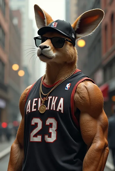  Muscular kangaroo with NBA jersey black glasses, back cap and gold chain , with a lot of flow, hyperrealistic 4k image