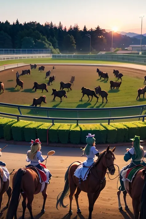 anthro male horses having a meal, stilagecirno(touhou) A herd of Cirnos are playing with thoroughbreds at the racetrack at night.