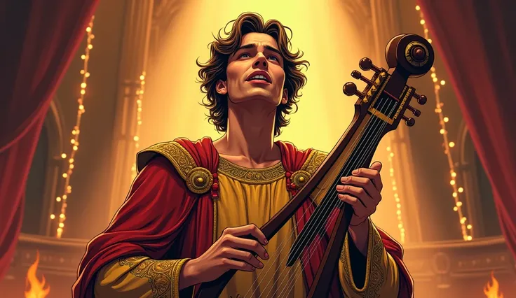 Appearance: man with a round face, short wavy hair. Clothing: Golden and red tunic with a decorated mantle. Accessories: A lyre in his hands, symbolizing his passion for music. Background: A stage with torches or small flames in the background. Pose: Singi...