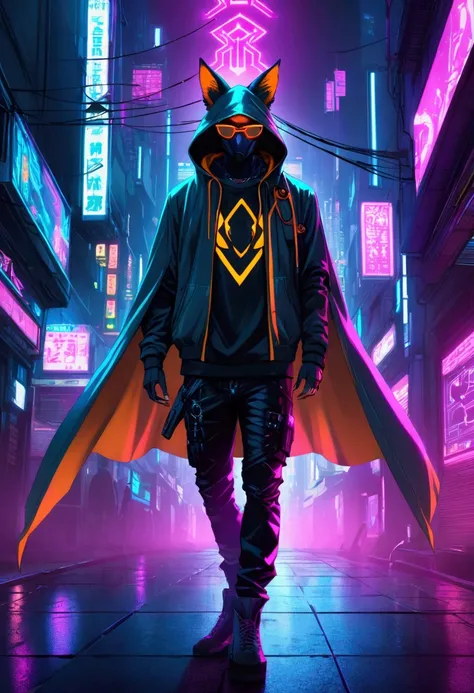 man with a cape and a hoodie wearing a cyberpunk-style Kitsune , neon ,cool