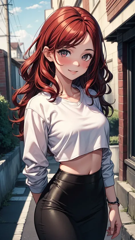 ((masterpiece, best quality:1.3, high detail)), beautiful woman, smile, looking at viewer, long wavy hair, (dark red hair), full-face blush, (white sweatshirt crop top), (long black pencil skirt), midriff, navel, bracelets, collarbone, outdoors, (cloudy sk...