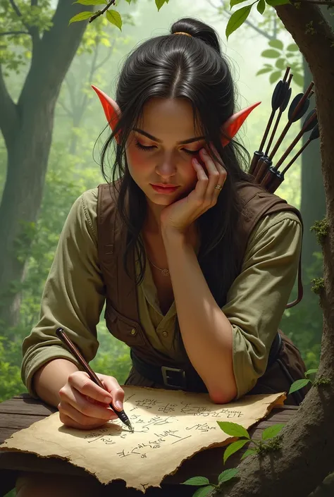 desenhe uma elfa, Ranger, de d&d, doing math with your fingers ,  with an expression of great doubt