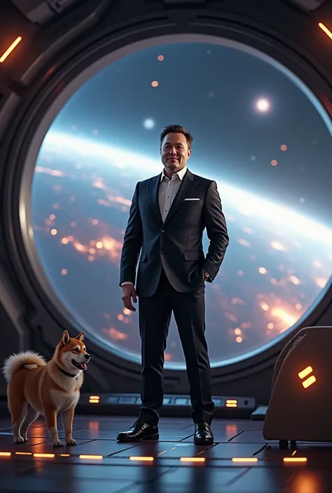 General elon musk smiling and standing on the bridge of a very large starship in space. Deep space, black holes, galaxies. Out the window is a scene of rockets entering space. Shibu inu dog watches on.