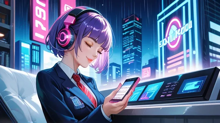 "A high-resolution anime-style illustration of a high school girl with silky purple hair, styled in a shoulder-length bob. She is standing in front of a futuristic science museum with glowing glass domes and neon-lit architecture, under a starry night sky....