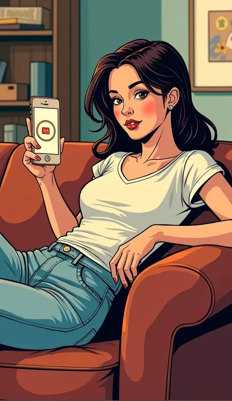 comic book art woman at home on couch holding a phone with “New Email Subscribers” notification popping out