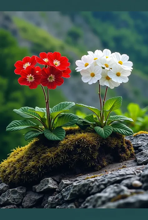  A bright red and pure white primrose flowers grow side by side on a bed of green moss covering the surface of the stone.  The leaves are fresh green against the background of the blurred natural landscape of the mountains , gives the impression of coolnes...