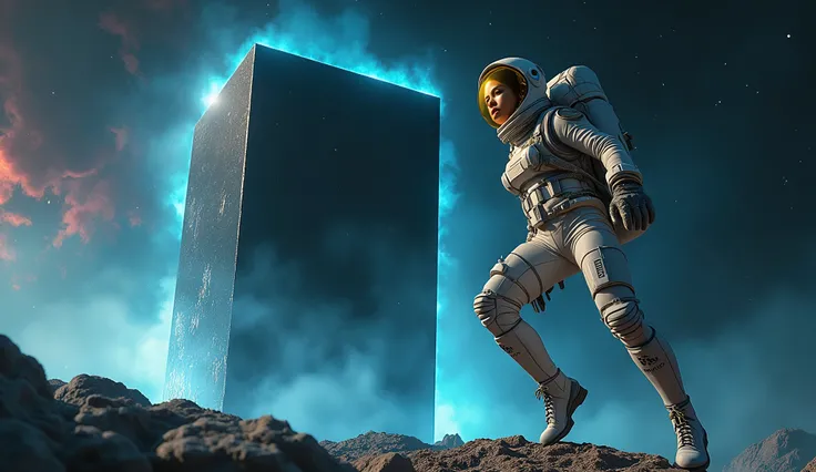 (((the scene takes place in outer space overlooking a colorful galaxy full of stars))) an impressive and (((huge cubic monolith: 1.8 rectangular sides, reflective black is flying in space near the Asian astronaut, the monolith sections into several small c...