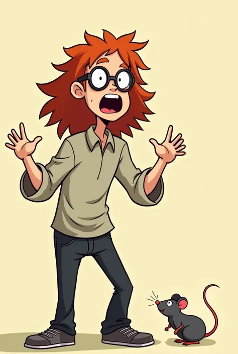 23-year-old man with long red hair with glasses , glasses, shirt and black pants scared of a mouse (stilo comic)