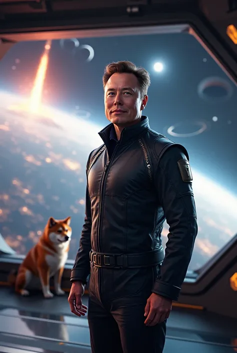 General elon musk smiling and standing on the bridge of a very large starship in space. Deep space, black holes, galaxies. Out the window is a scene of rockets entering space. Shibu inu dog watches on.