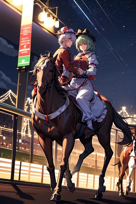 A humanoid male horse and a humanoid male horse have a party on Christmascirno(touhou) A herd of Cirnos are playing with thoroughbreds at the racetrack at night.