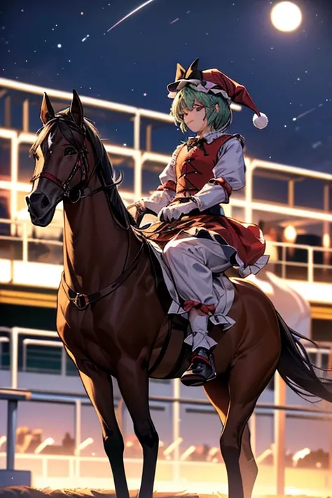 A humanoid male horse and a humanoid male horse have a party on Christmascirno(touhou) A herd of Cirnos are playing with thoroughbreds at the racetrack at night.