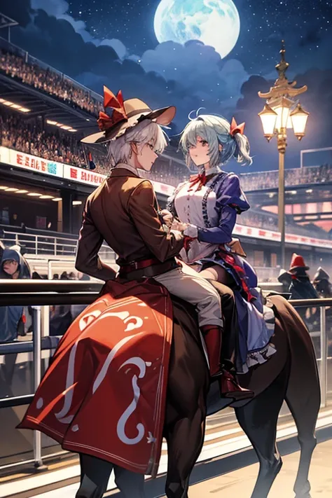 A humanoid male horse and a humanoid male horse have a party on Christmascirno(touhou) A herd of Cirnos are playing with thoroughbreds at the racetrack at night.