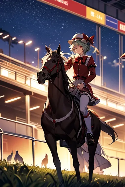 A humanoid male horse and a humanoid male horse have a party on Christmascirno(touhou) A herd of Cirnos are playing with thoroughbreds at the racetrack at night.