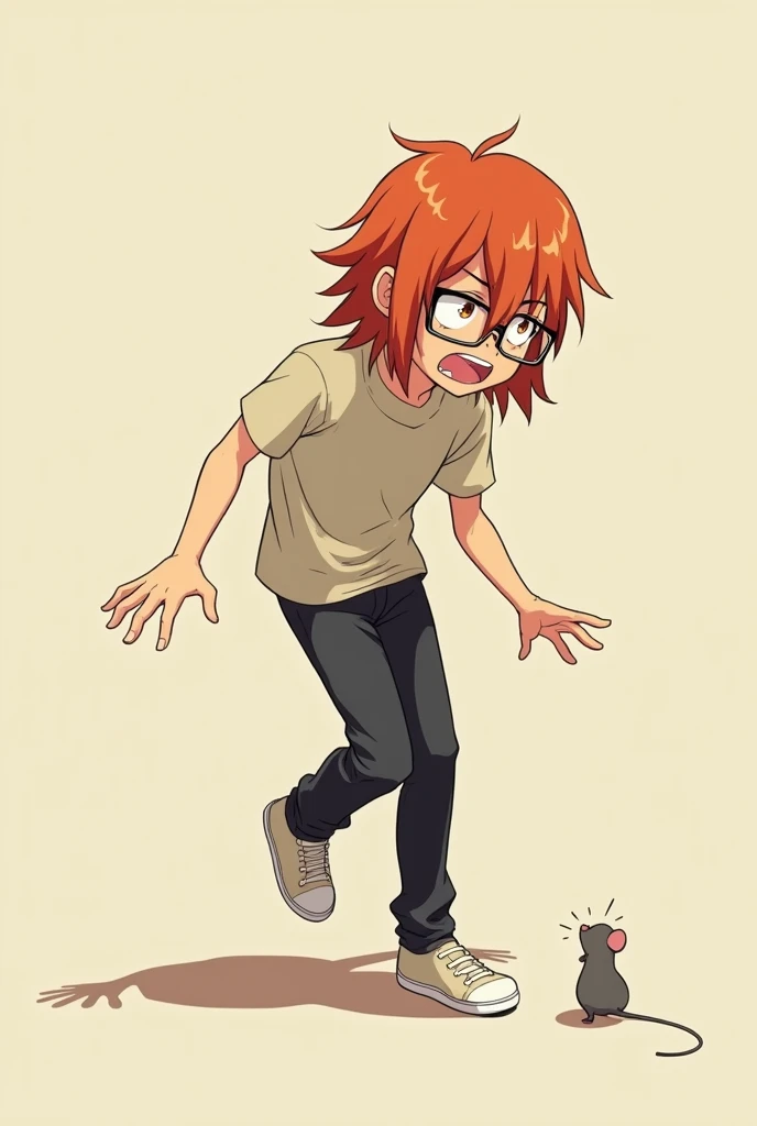 23-year-old man with long red hair with glasses , glasses, shirt and black pants scared of a mouse (Anime style)