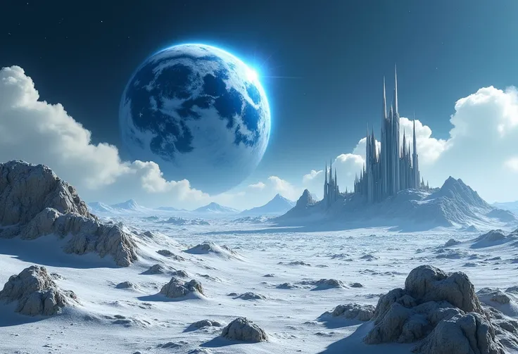 realistic landscape of moon  and  blue earth with clouds on sky with a futuristic castle in the background
