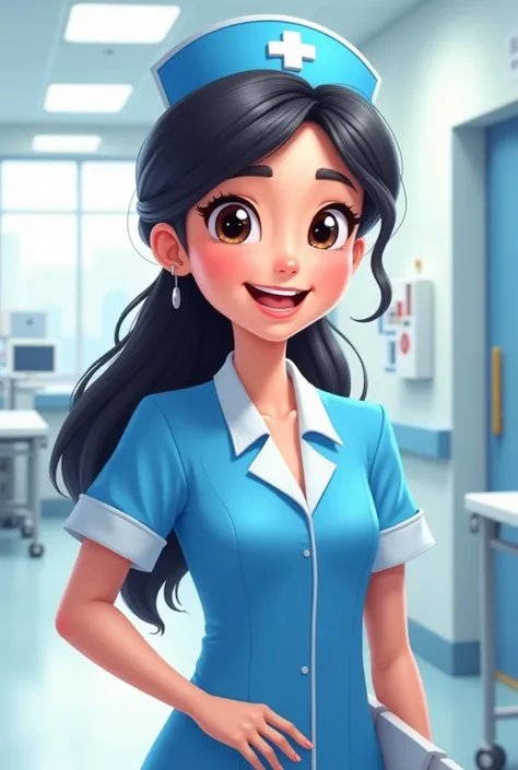 Cartoon nurse in blue uniform with long black hair