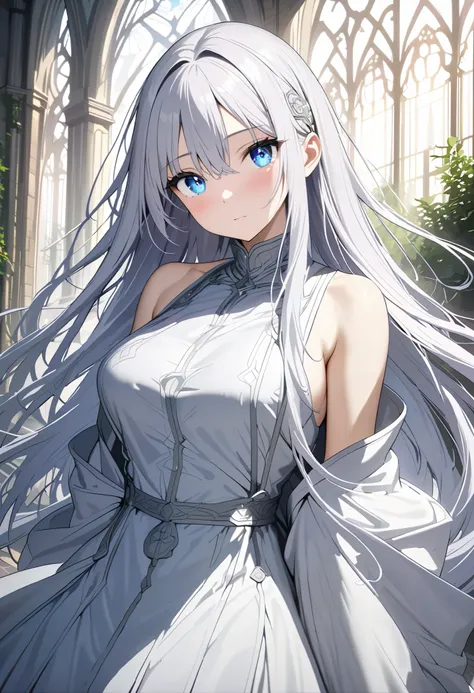 Extremely detailed CG, ultra high resolution, best quality, masterpiece, single woman, bright blue eyes, (beautiful detailed eyes: 1.4), silver hair, long hair, medium breast, wearing a beautiful alchemist outfit, bare shoulders, posing at the inner courty...